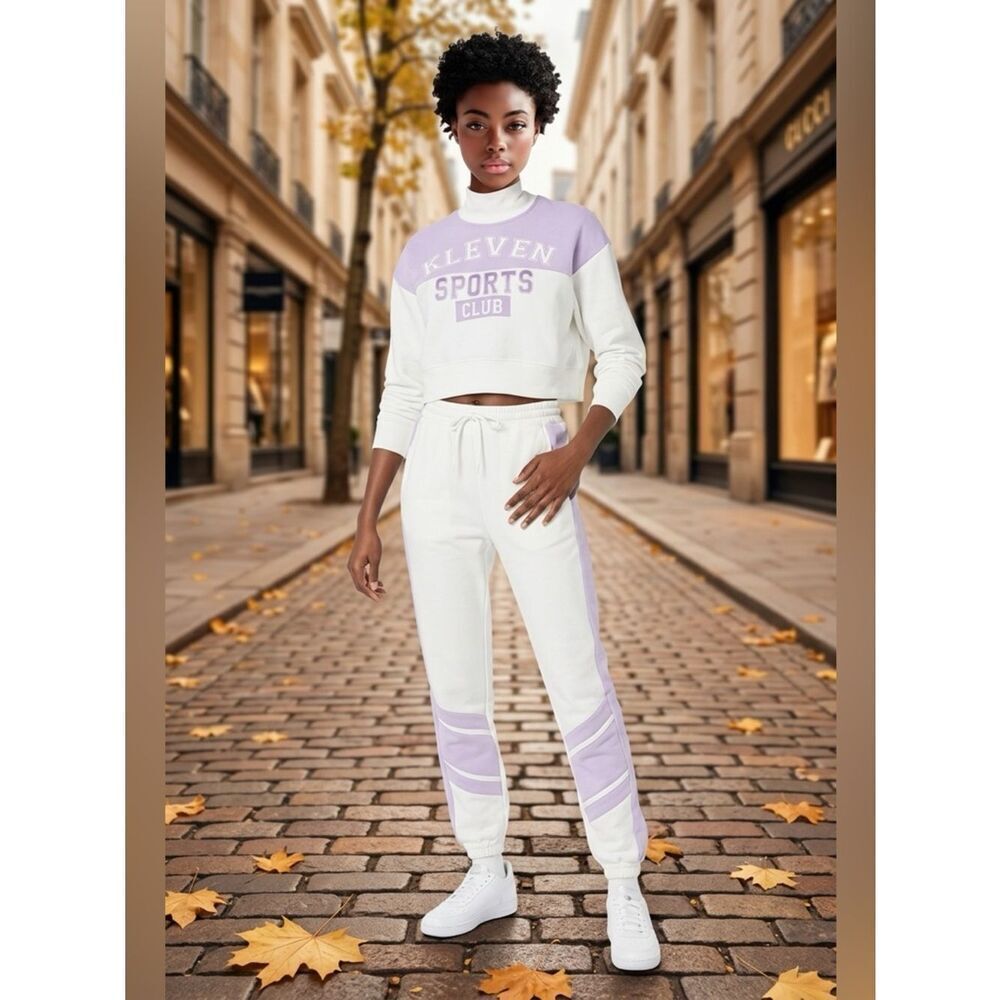 NWT EleVen Venus Williams Purple White 2 Pc Crop Top Joggers Set - Size S